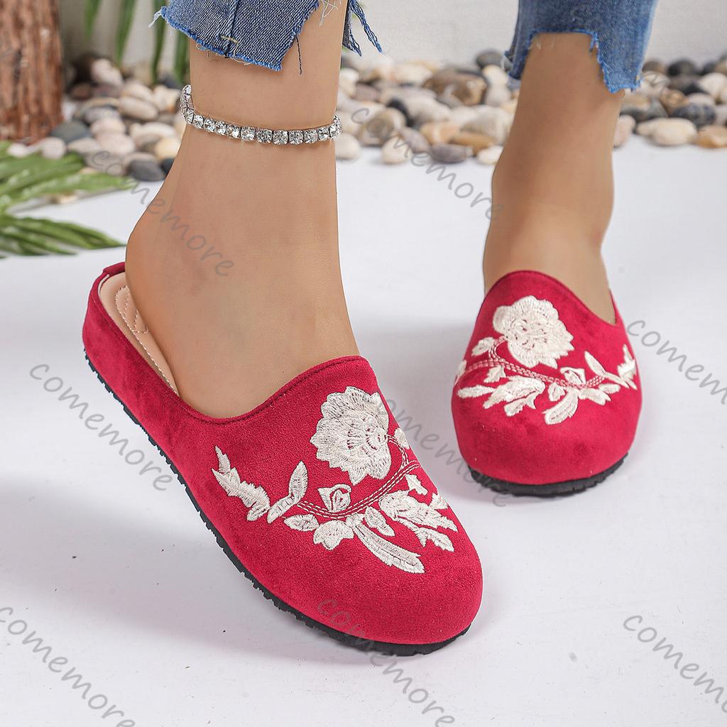 Fashion Comemore Slippers Women 2025 Spring Summer New Ethnic Style Embroidery Mules Half Slipper Casual Flat Bottom Baotou Slides Shoes