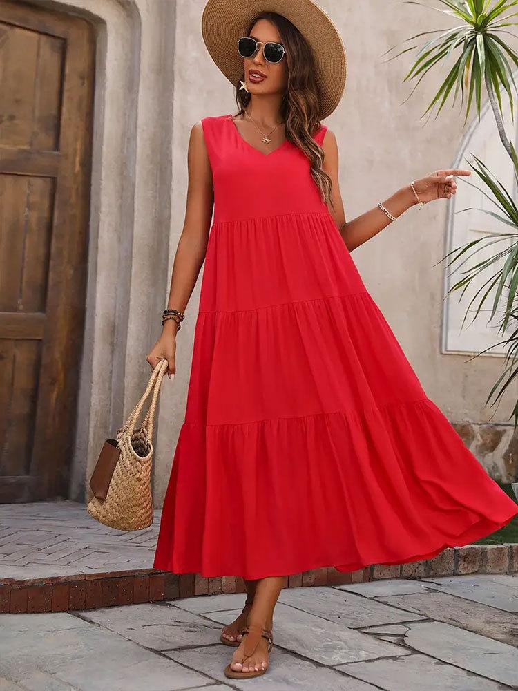 Women's Skirt 2024 New Elegant Holiday Solid Color V-neck Layered Splicing Hem Loose Dress, Cake Skirt