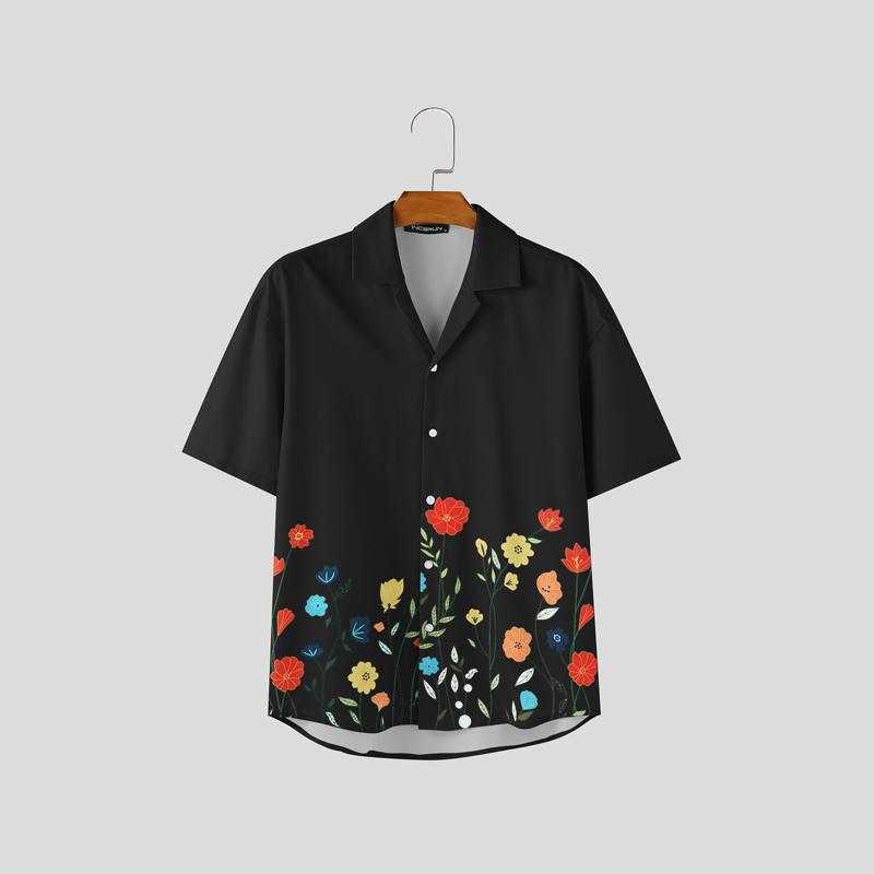 INCERUN Oversized Men Summer Lapel Neck Short Sleeve Floral Print Casual Shirts