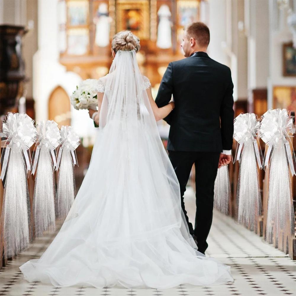 4Pcs White Church Wedding Pew Bows with Long Tulle Tails Ceremony Chair Aisle Decor Church Aisle Decor Wedding Car Decoration