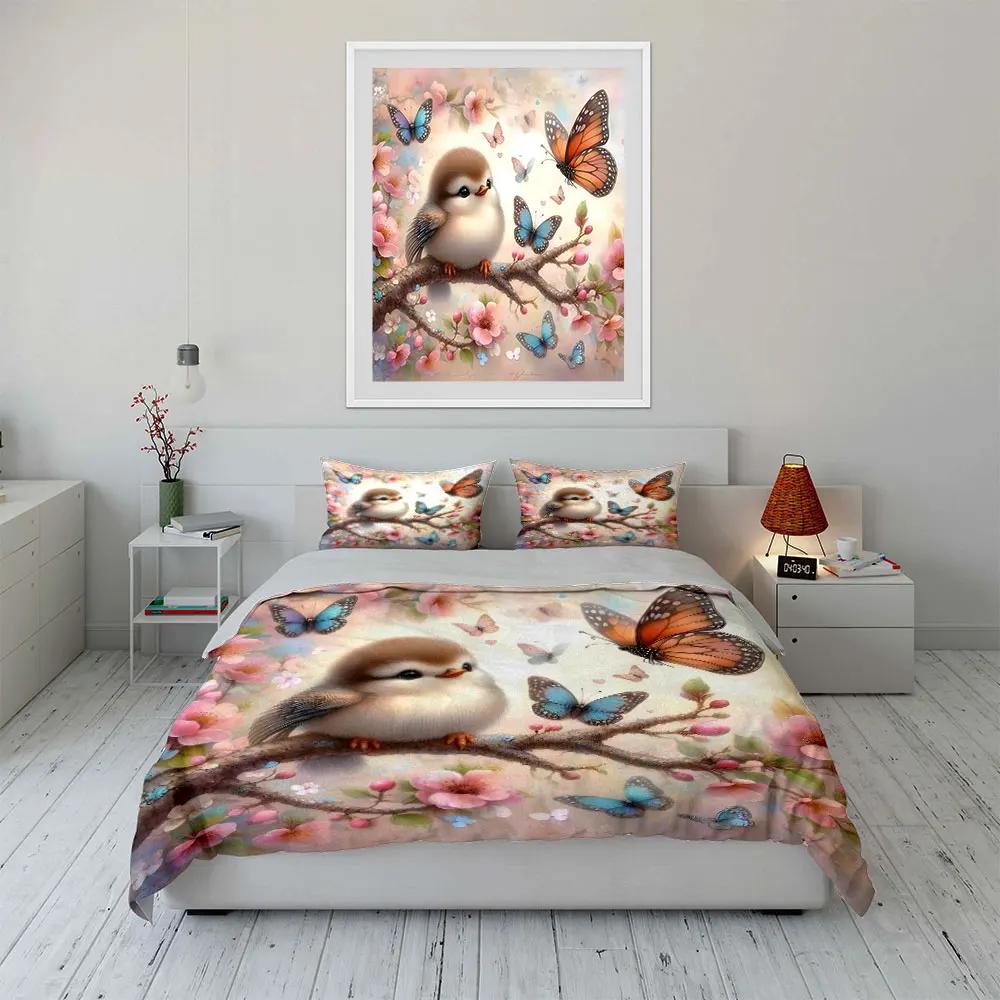 Cute Bird and Butterflies Decor Set Multiple Sizes Kid's and Adults' Bedroom Exquisite 3PC Bedding Set Gift