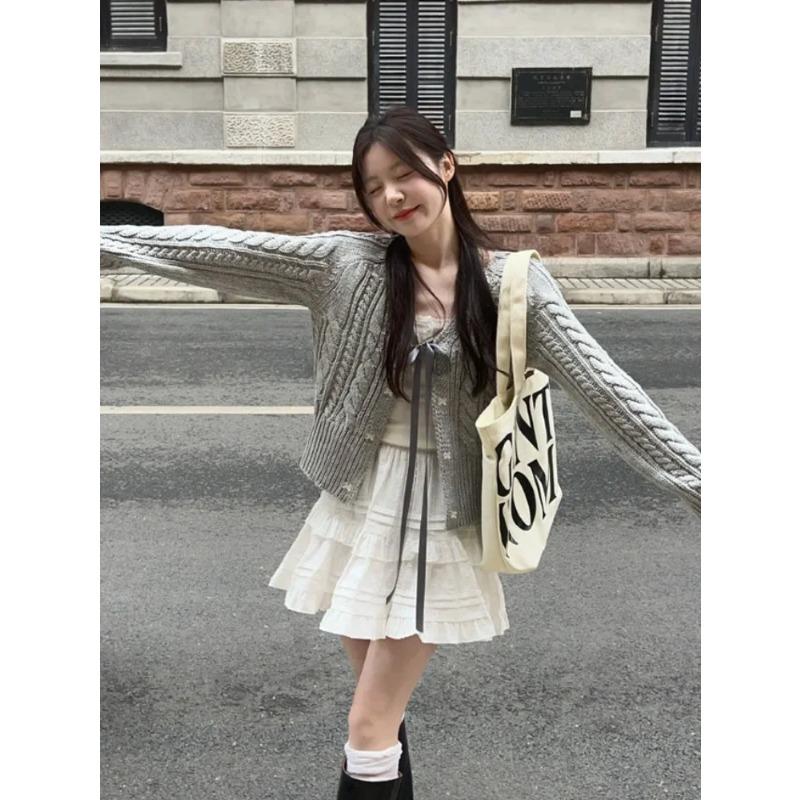 Autumn Korean Fashion Grey Cardigans Women Sweet Hot Girl Bow Bandage Coquette Knitted Sweater Mujer Casual Long Sleeve Tops New