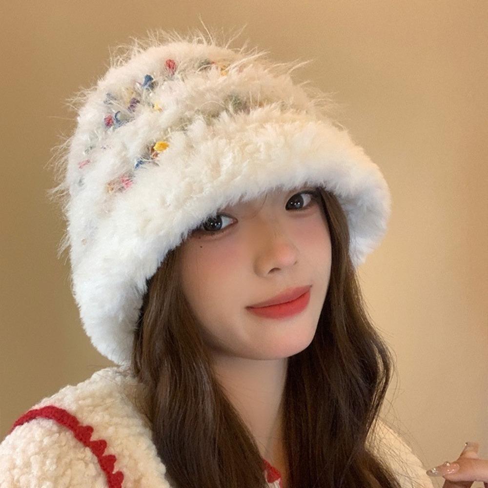 Keep Warm Faux Fur Bucket Hat Korean Style Winter Basin Cap Sweet Plush Fisherman hat Daily