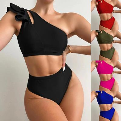 Bikinipak effen kleur sexy dames splitbadpak één schouder uitgehold tweedelige sets