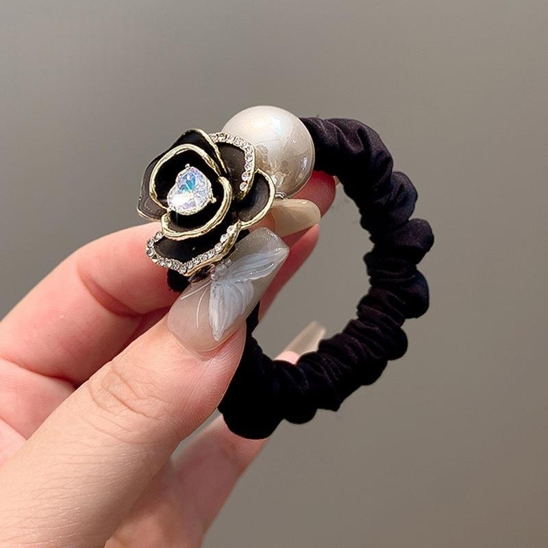 1Pcs High End Sensation Hair Ropes Black Pearl Tea Rose Hair Ties Women'S Fashionable Hair Bands Elegant Hair Rings