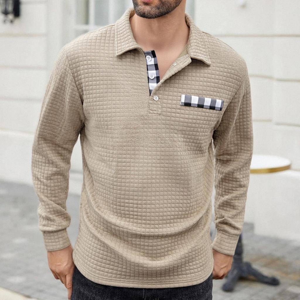 Men's Lapel Single Breasted Small Plaid Top Casual Sports Long Sleeved Top