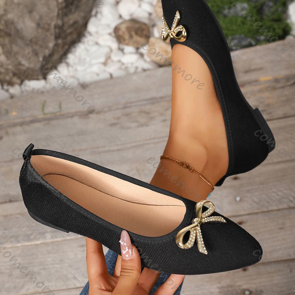 Fashion Comemore Women Flat Single Shoes Casual Black Bow Shallow Mouth Slip On Flats Pointed Toe Spring Summer Comfortable Women's Shoe