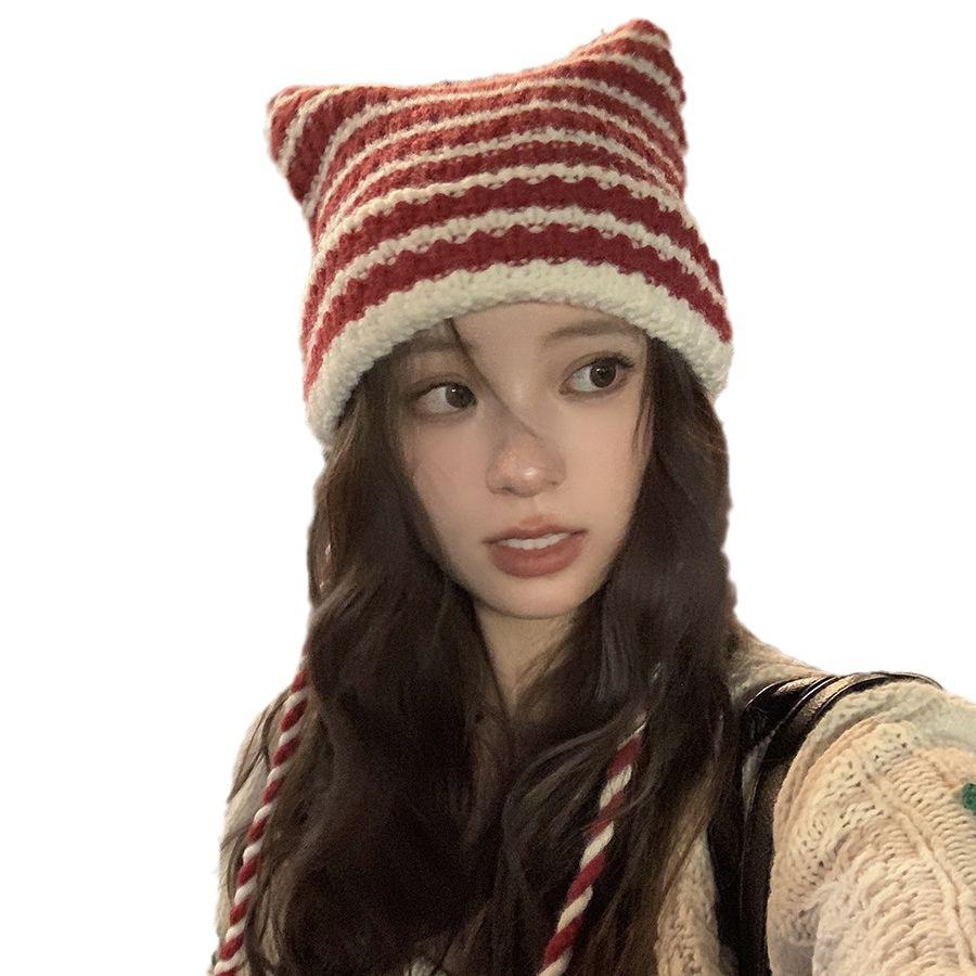 Japanese Little Devil Striped Hairball Knitted Wool Hat Children Autumn And Winter Cat Ears Cute Funny Pullover Hat