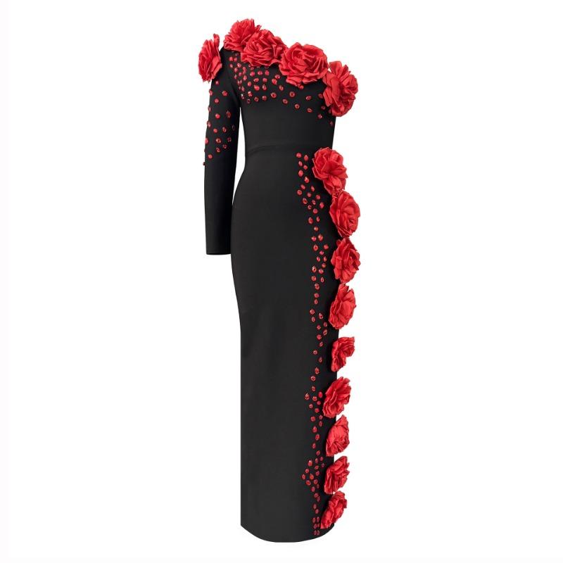 New Sexy Bandage Dress Flower Shoulder Women's Clothing Medium and Long Party Dress African Fashion