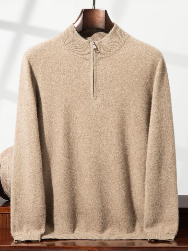Eleganter Herren-Halbreißverschluss-Kaschmirpullover, einfarbige Strickware mit Stehkragen, Business Casual Pullover