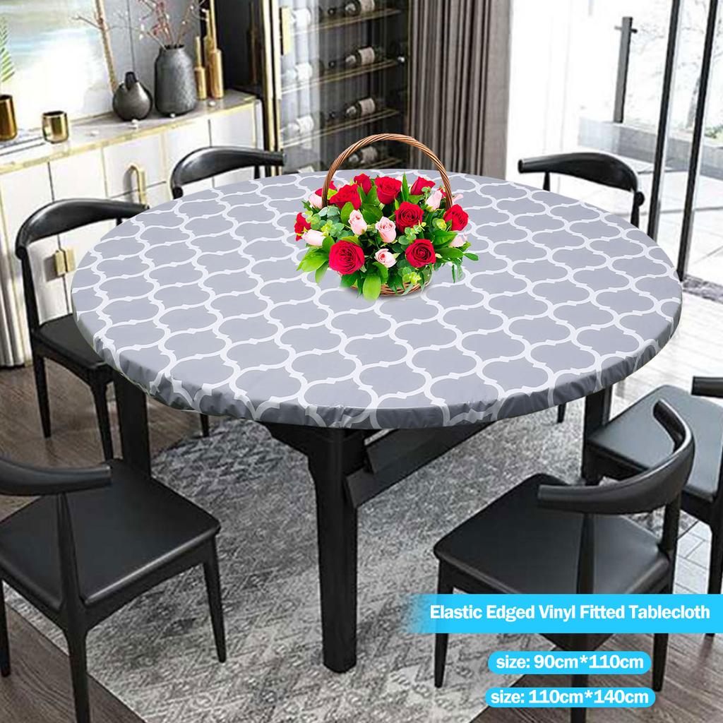 Round Table Cover Elastic Edged Tablecloth Indoor Outdoor Fitted Vinyl Table Cloth Oil Waterproof Wipeable Table Protector Cover