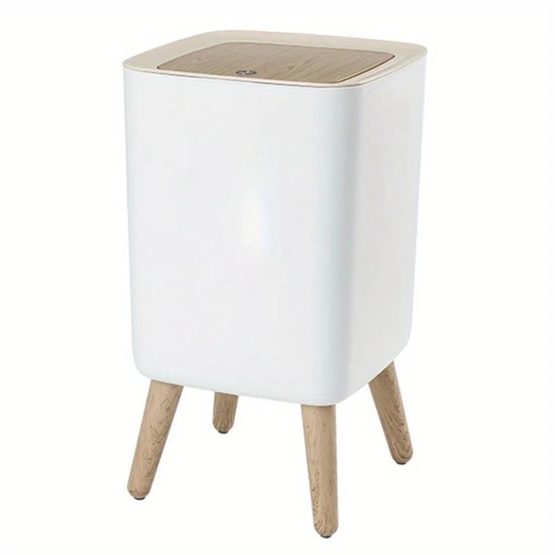 

10LWhite Wooden Garbage Bin with Lid-Tall Legged Trash Can for Living Room,Bathroom & Office,Modern Kitchen Waste Bin with Pedal