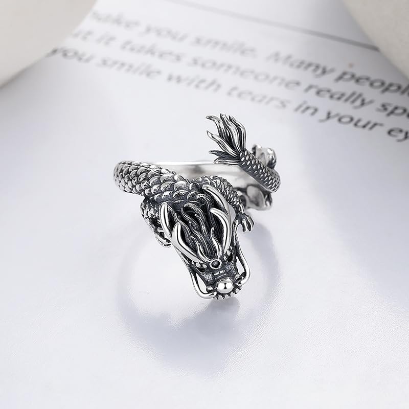 Ring for One Size Fits 925 Silver for Rugged Dragon Dragon Dragon Sterling Red Retro New Party Gift Women, Most, Men, Ring, Head, Zodiac, Silver,