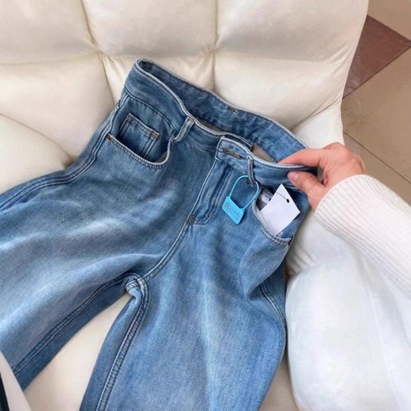 Winter New High Waist Loose Drape Retro Blue Velvet Thickened Warm Jeans Women