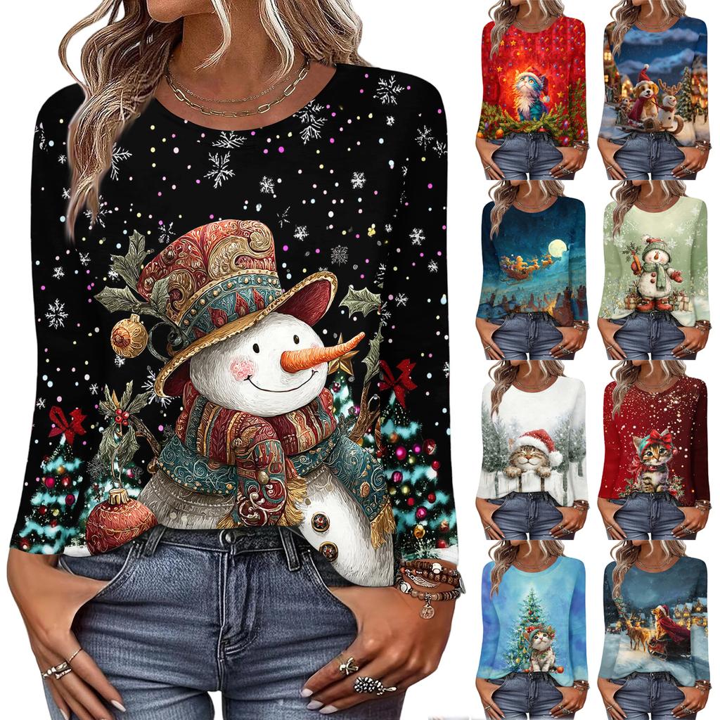 Langermede skjorter for kvinner Søt trykk grafisk t-skjorte Bluser Uformell Pluss størrelse Basic Topper Pullover