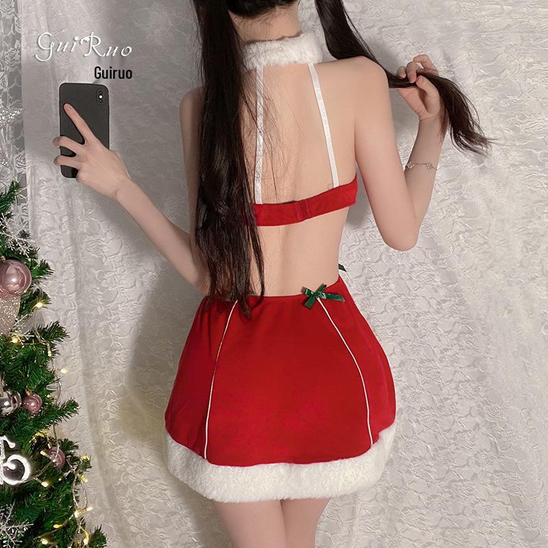 Rose Velvet Christmas Cutout Halter Lingerie Set for Women