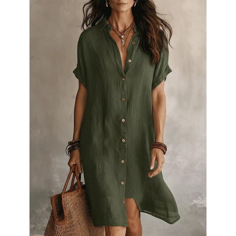 DICIFY Women's Fashion Summer Spring POLO Neck Short Sleeve Solid Color Print Casual Dresses