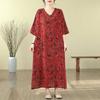 2025 Literary Retro Travel Plus Slim Cotton V-Neck Dress