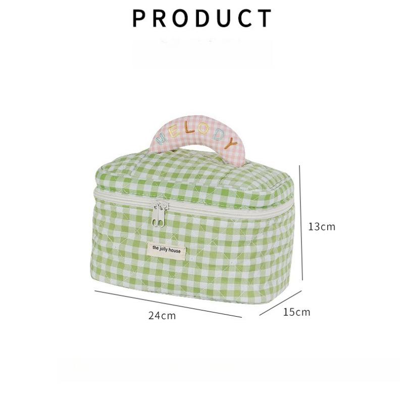 1pc Cute Color Contrast Check Delicate Bucket Makeup Bag for Ladies Outdoor Travel