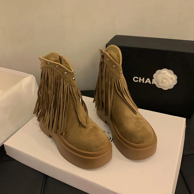 Vintage Chunky Women Western Cowgirl Boots Fashion Tassels Shoes Autumn Winter Platform Heel Ladies Short Booties