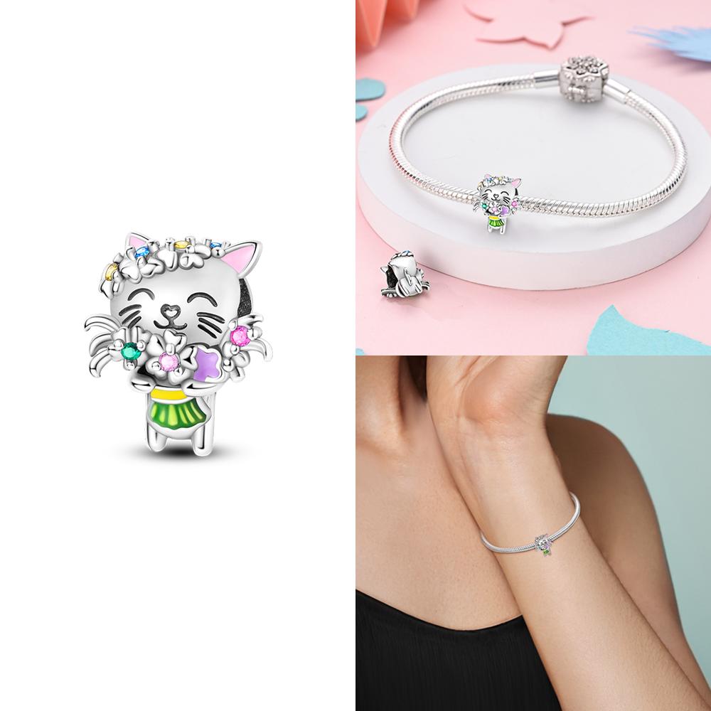 Classic Original Copper Pink Cute Cat Zircon Pendant Purple Magic Hat Cat Beads Fit Bracelet Women Jewelry Making Diy Gift