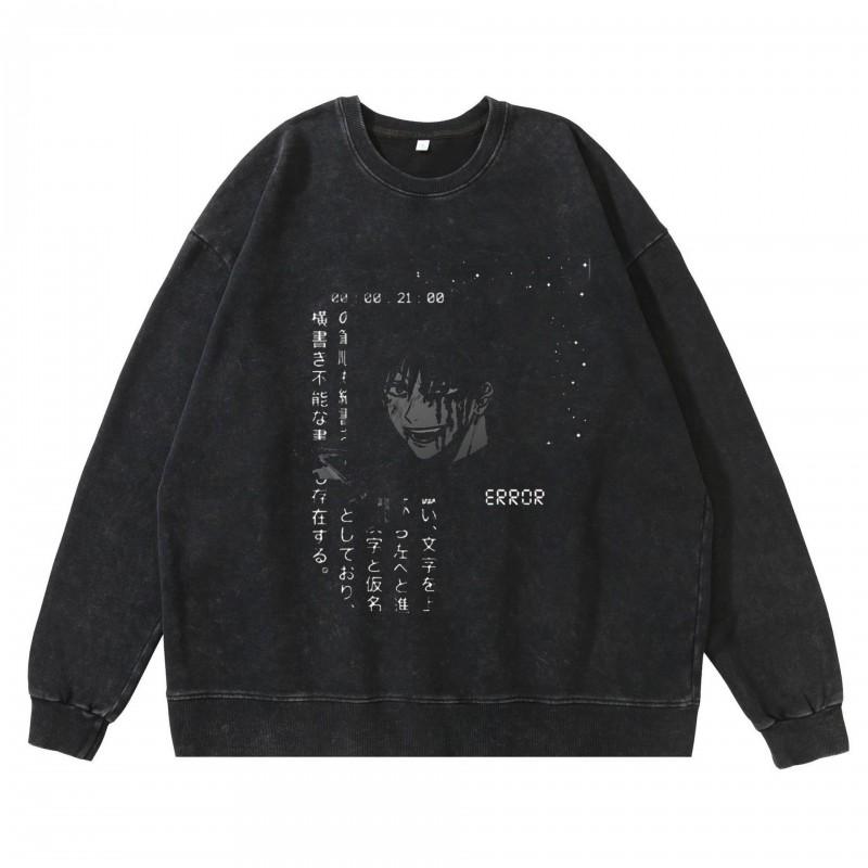 Vintage Washed Dark Anime Print Streetwear Hoodie Men - Retro Urban Sweatshirt With Cotton Lining