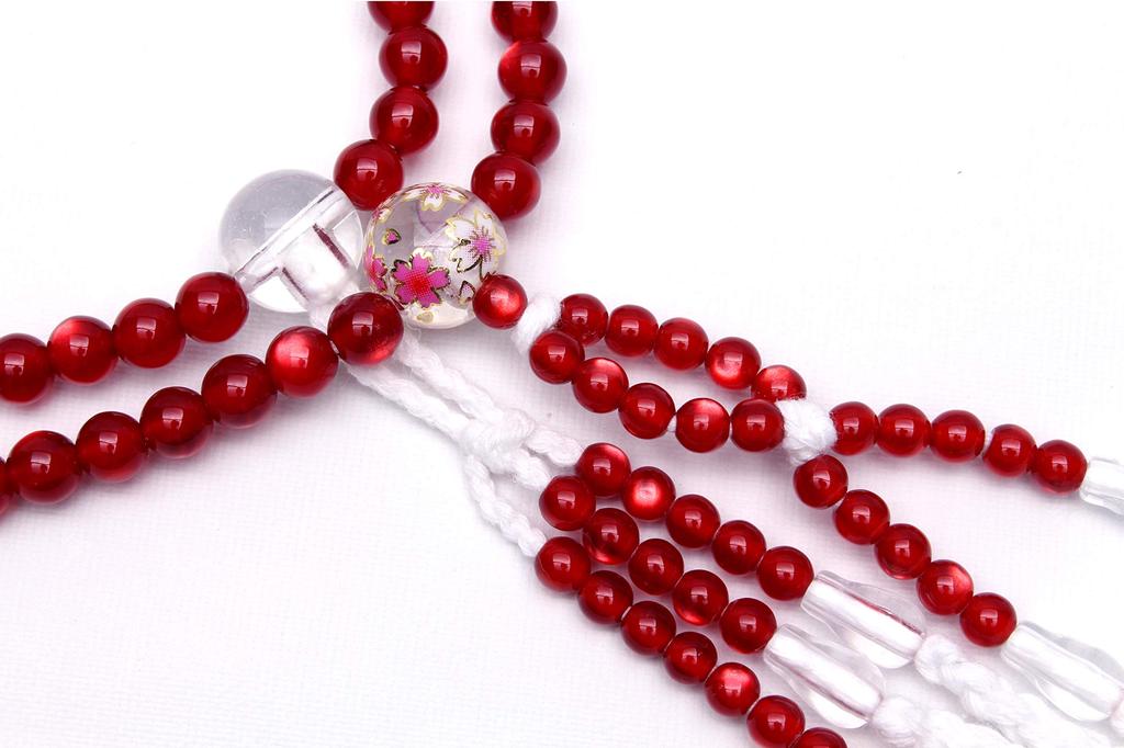 Made In Japan, Soka Gakkai Prayer Beads, New Member Gift, 3-piece Set for Women, Pink with Rabbit and Cat's Eye Red Cherry Blossom Pattern.