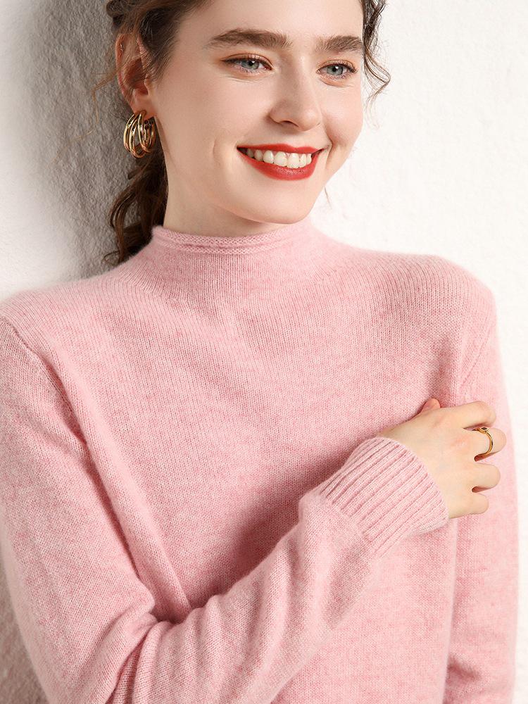 Women's Cloud-Like Cashmere Pullover Sweater - Rolled Hem, Thick, Double-Strand Knit, Half-High Neck