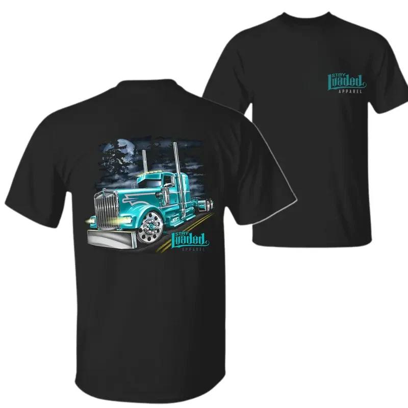 Stay Loaded Truck T-Shirt – Black Graphic Tee Featuring Teal Semi Truck Night M