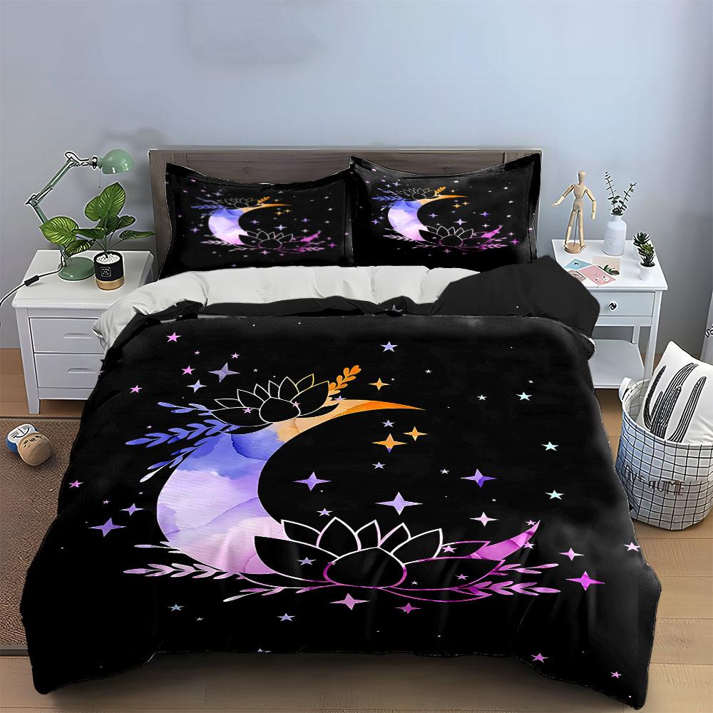 Moon and Lotus Starry Bedding Set Bedding Duvet Cover Set Duvet Cover Pillowcases  (1 * Duvet Cover 2 * Pillowcases, Without Duvet Insert)