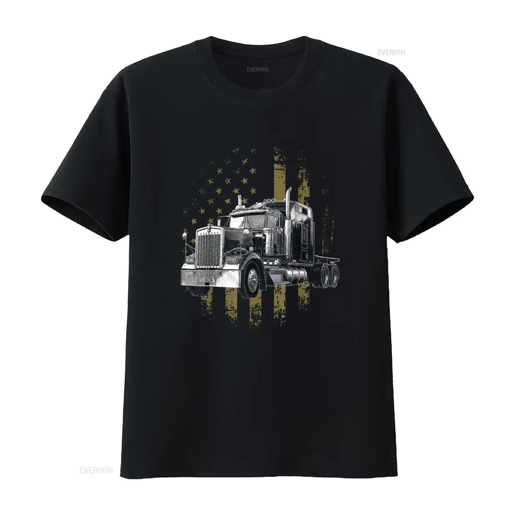 Kierowca Ciężarówki Amerykańska Flaga Duża Ciężarówka Ciągnik Siodłowy Kierowca Ciężarówki Koszulka Czarna 4X Duży vintage Wypłukana Wszechstronna moda graficzna