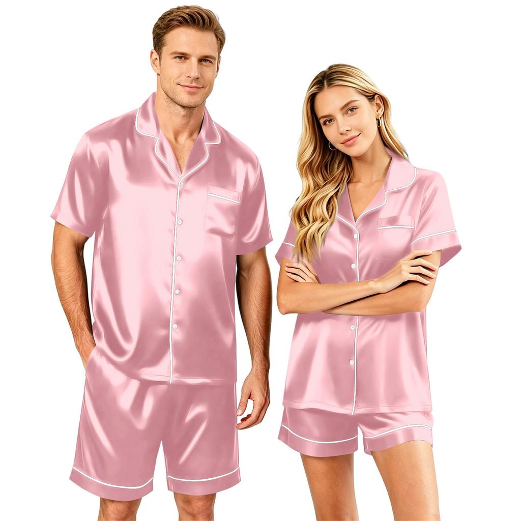 Couples Satin Pajama Set Short Sleeve Button Down Shirt and Shorts Sleepwear Soft Lightweight Loungewear S-XXXXL