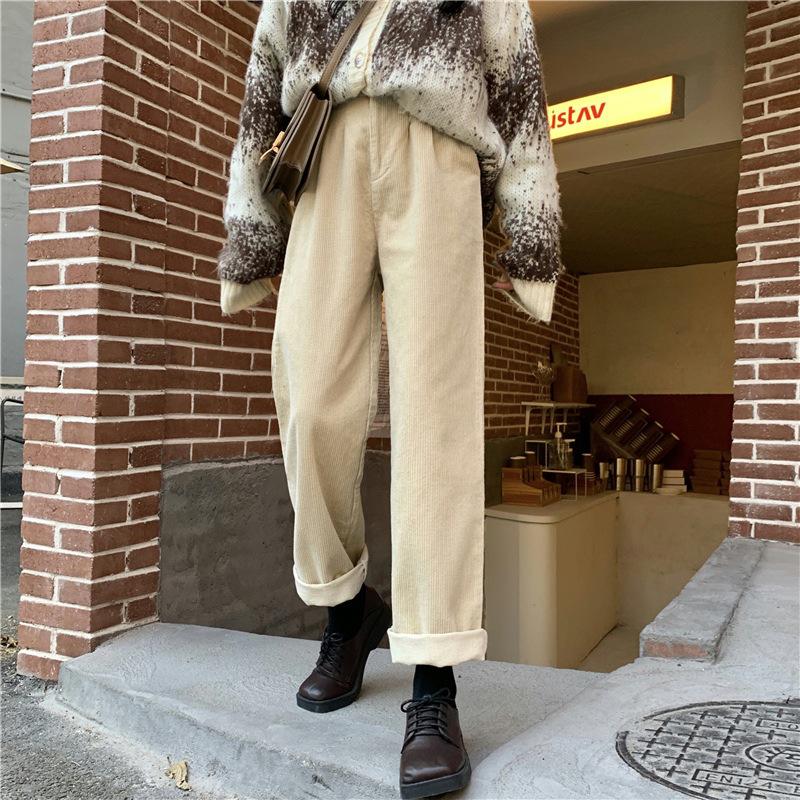 Women's Winter Vintage Corduroy Suit Wide-Leg Pants Solid Color Mid-Rise Simple Straight-Leg Pants
