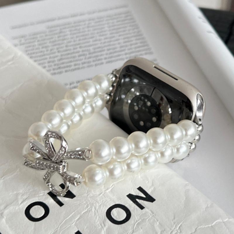 Compatible Bowknot Pearl Elastic Beaded Strap for Apple Watch 10/9/8/7/SE