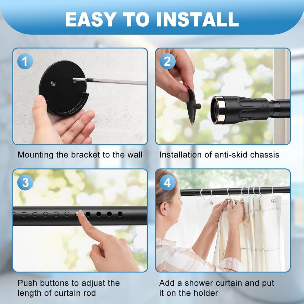 Tension Curtain Rod, 42 to 115 inch Adjustable Heavy Duty black shower curtain rod for bathroom Closet Windows