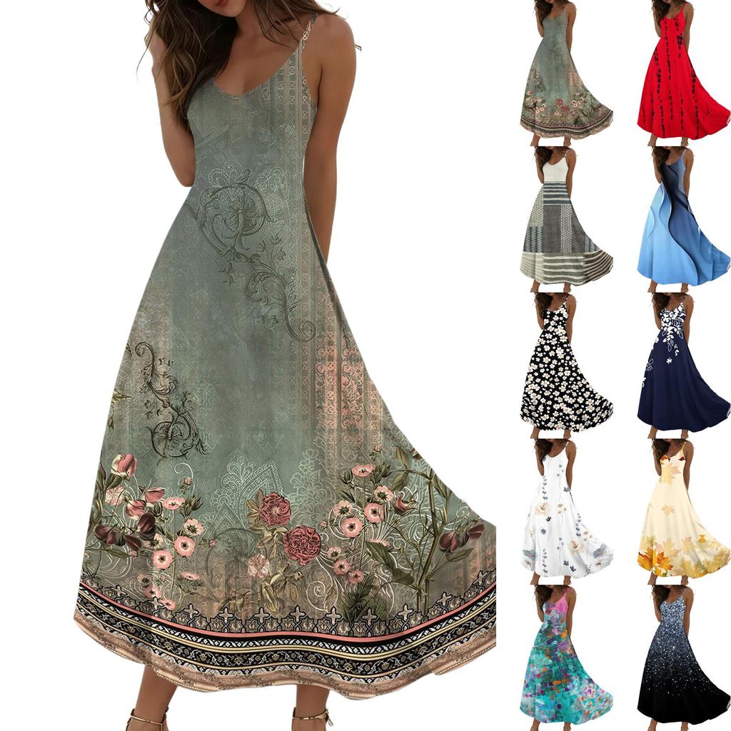 Women’s Sleeveless V Neck Maxi Dress Summer Geometric Floral Print Loose Fit Long Dress with Adjustable Straps
