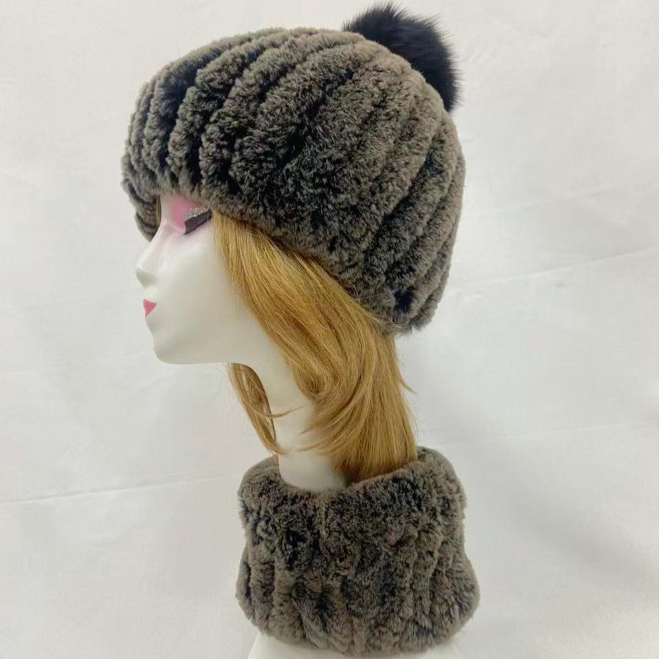 Winter Fur Hats and Scarf Set for Women Soft Warm Elastic Rabbit Fur Sets