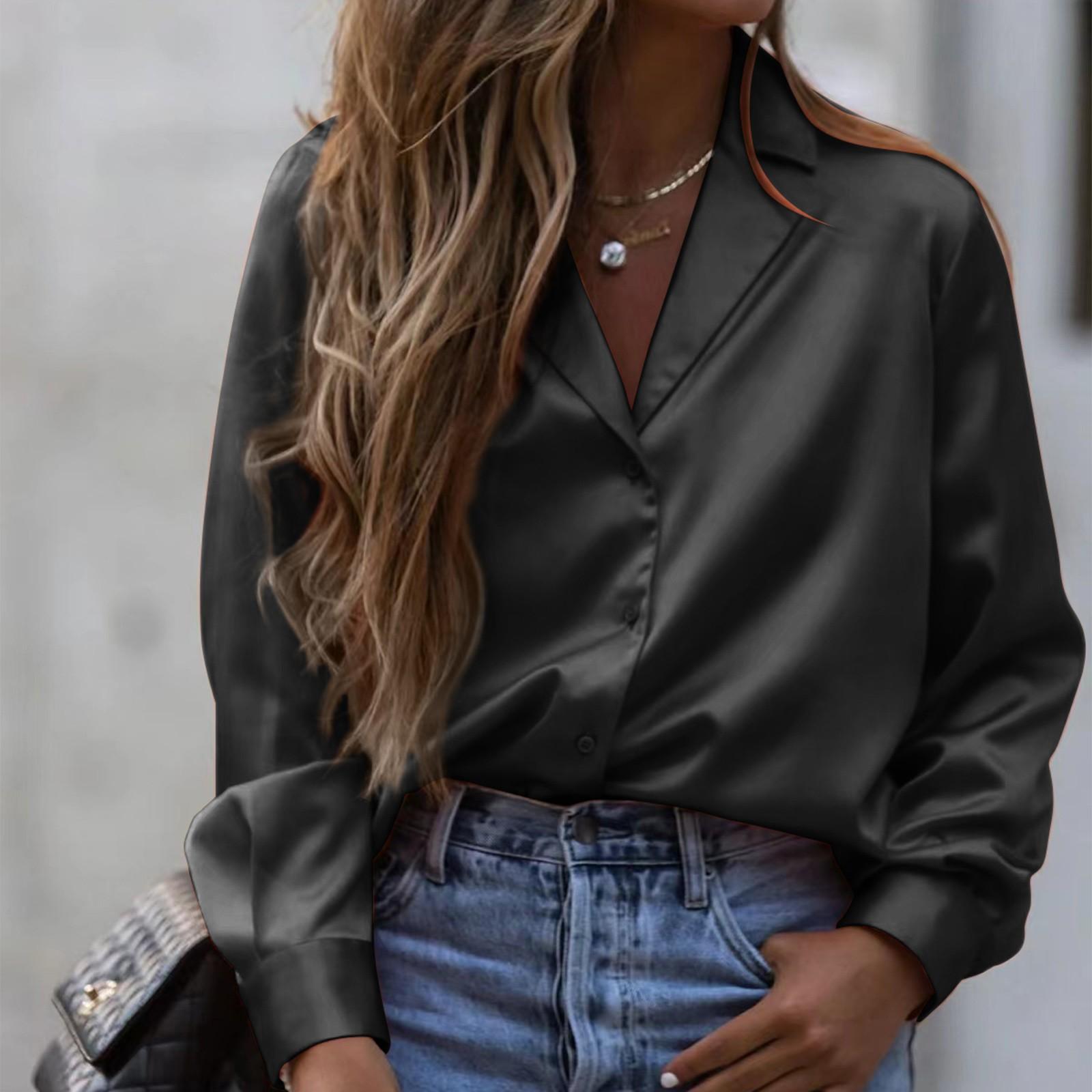 

Женская модная повседневная однотонная свободная рубашка на пуговицах с длинным рукавом, топ XL чёрный