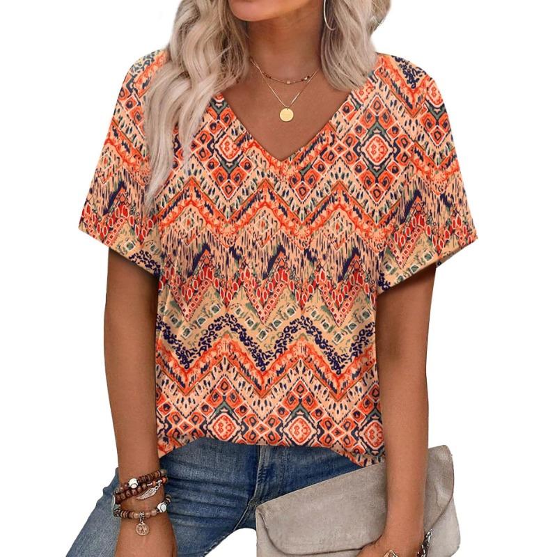 New Casual High-quality Retro Style 3D Women's Short Sleeved V-neck T-shirt