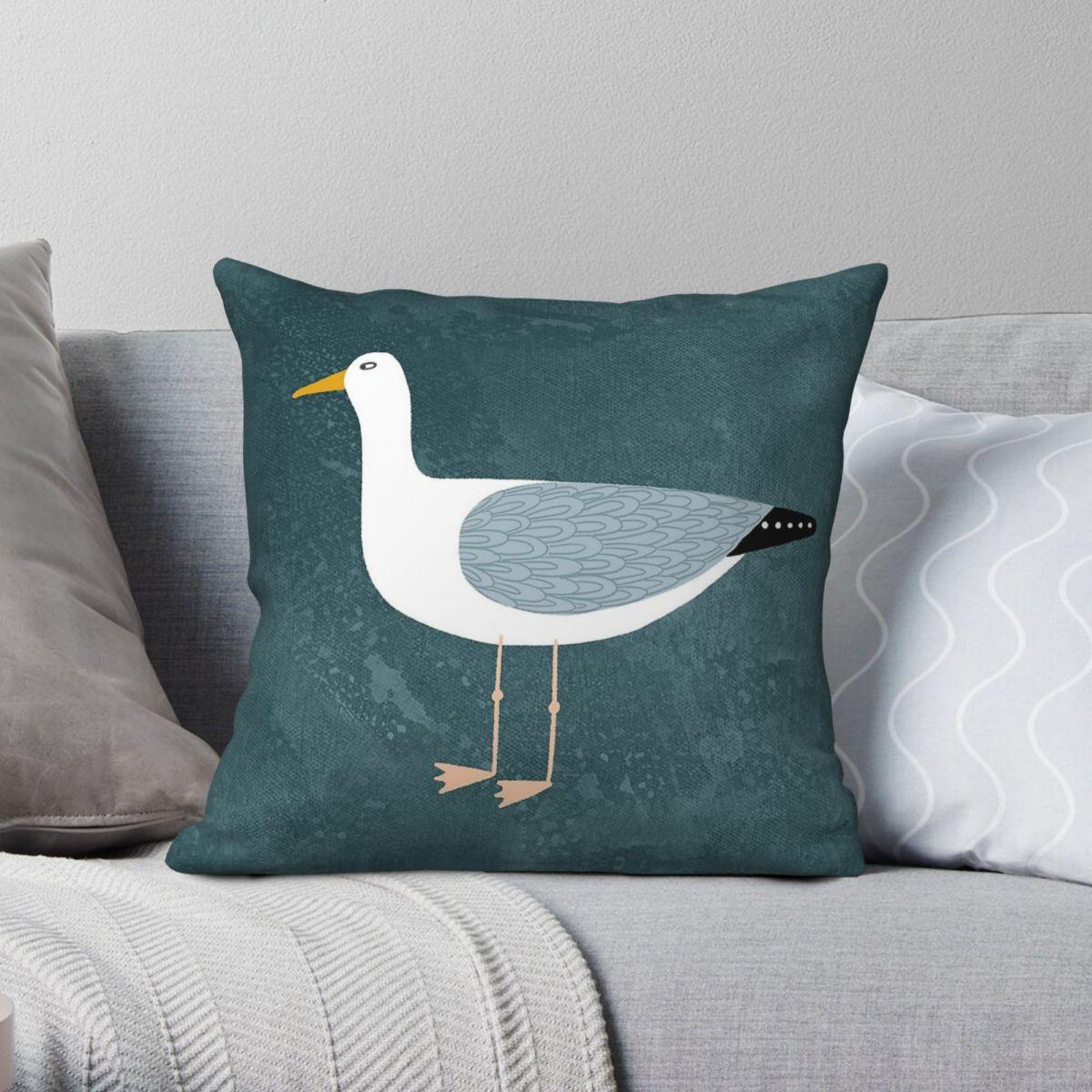 Lu Xika Chen Unisex Seagull Standing Square Pillowcase Polyester Linen Velvet Printed Zip Decorative Sofa Seater Cushion Cover 45X45