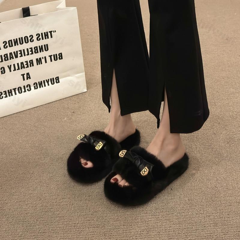 Mode Mode Schleifendesign Lässige Dicke Sohle Haarige Hausschuhe für Damen 2025 Herbst Offene Zehen Bequem Vielseitig Klobige Plüsch-Schleppschuhe