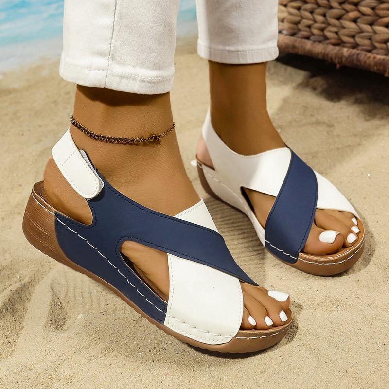 Spring and summer new flat-bottomed wedge heel fish mouth sandals women's color matching large-size muffin thick-soled hollow beach sandals
