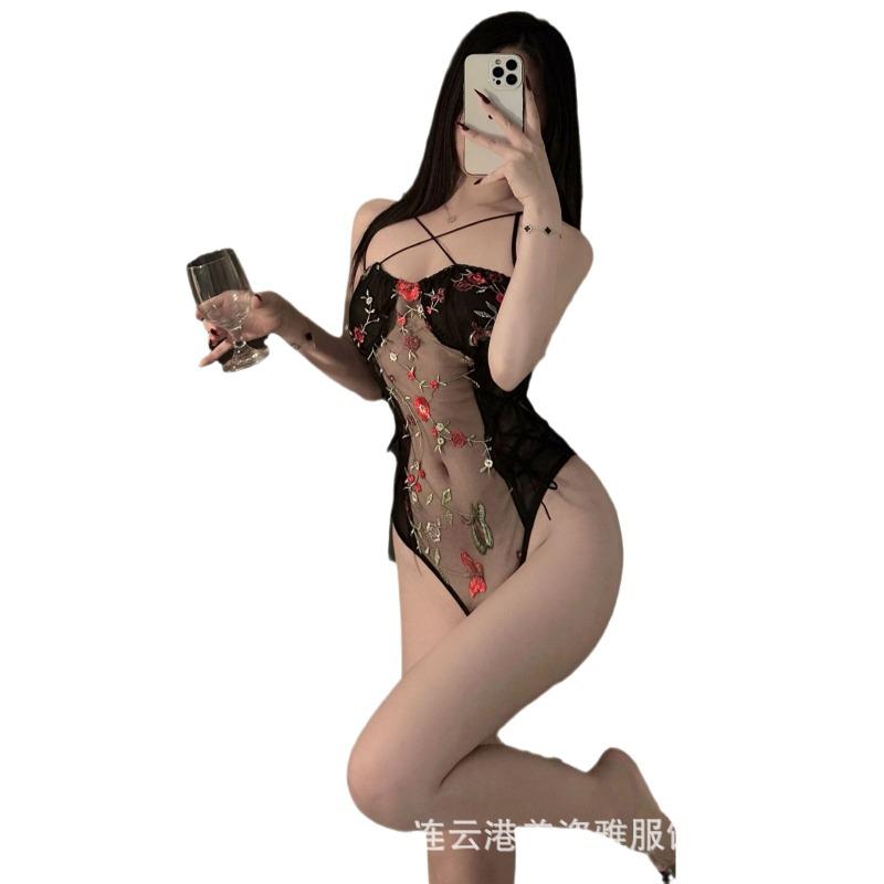 Sexy Spice Girl Neck Breast Mesh Lace-up Heavy Industry Embroidery Perspective Onesie Bottom Top Sex Women
