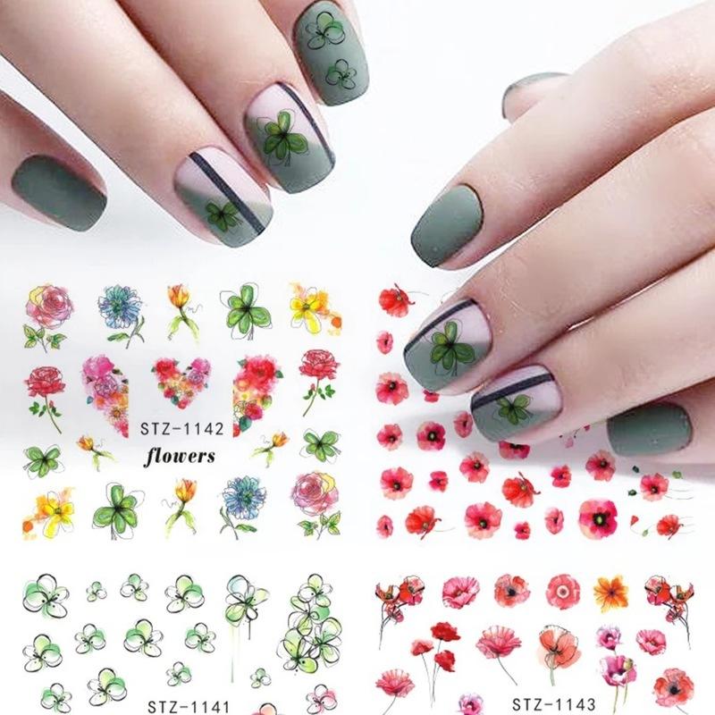 4Pcs Nail Art Slider Black Green Leaves Colorful Flowers Butterfly Spring Summer Nail Simple Designs Nail Art Stickers