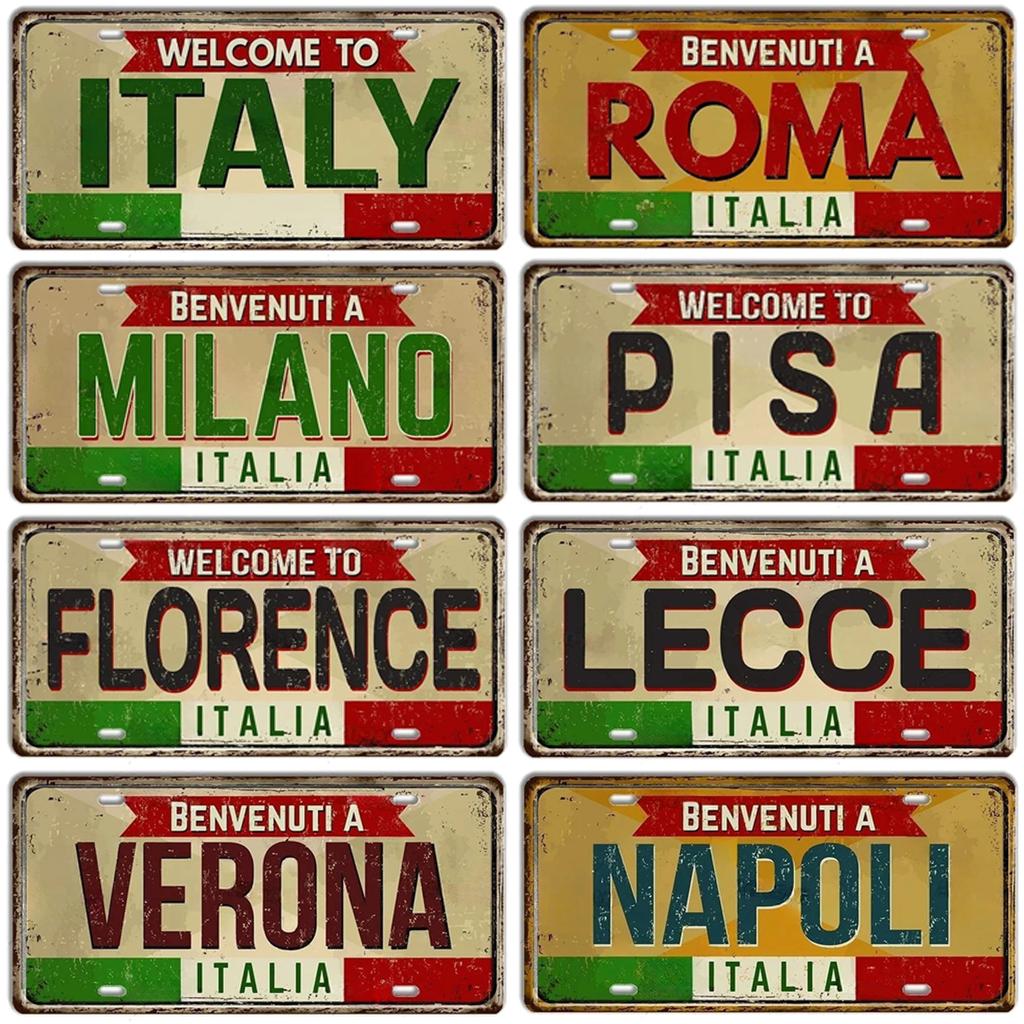 Mfoever Tin Italy License Plates for Wall Art Decoration Metal Tin Signs Vintage Tags Metal Automotive Signs For Cafe Bar Club Garage Pubs