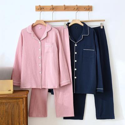 Spring /summer Pure Cotton Gauze Solid Color Men's and Women's Pajamas Double-layer Crepe Fabric Home Clothing Long Sleeved Set