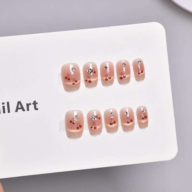 Spring and summer new cat's eye French cherry wearing armor white short cute three-dimensional cherry nail patch nail piece