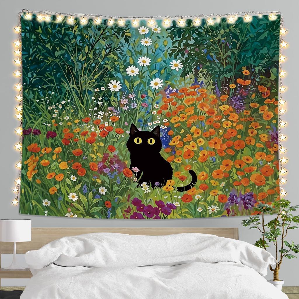 Funny Cat Tapestry for Bedroom, Cute Black and White Tapestry Anime Tapestry Wall Hanging with, Gifts for Cat Lovers, Cats Wall
