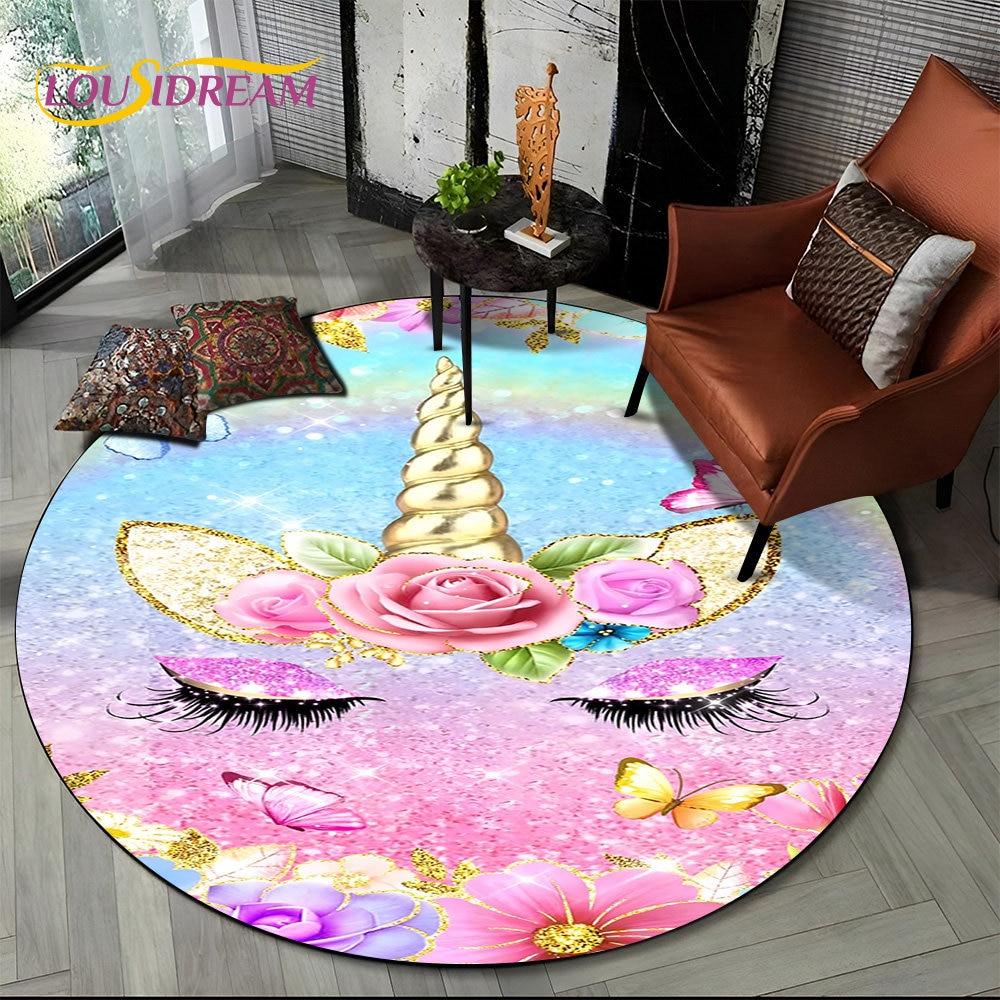 Unicorn Animal 3D Cartoon Round Area Rug,Circle Carpet Rug for Living Room Children's Bedroom Sofa Decor,Kid Non-slip Floor Mat