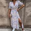 Womens Boho V-Neck Floral Midi Dress Summer Short Sleeve Beach Party Sundress